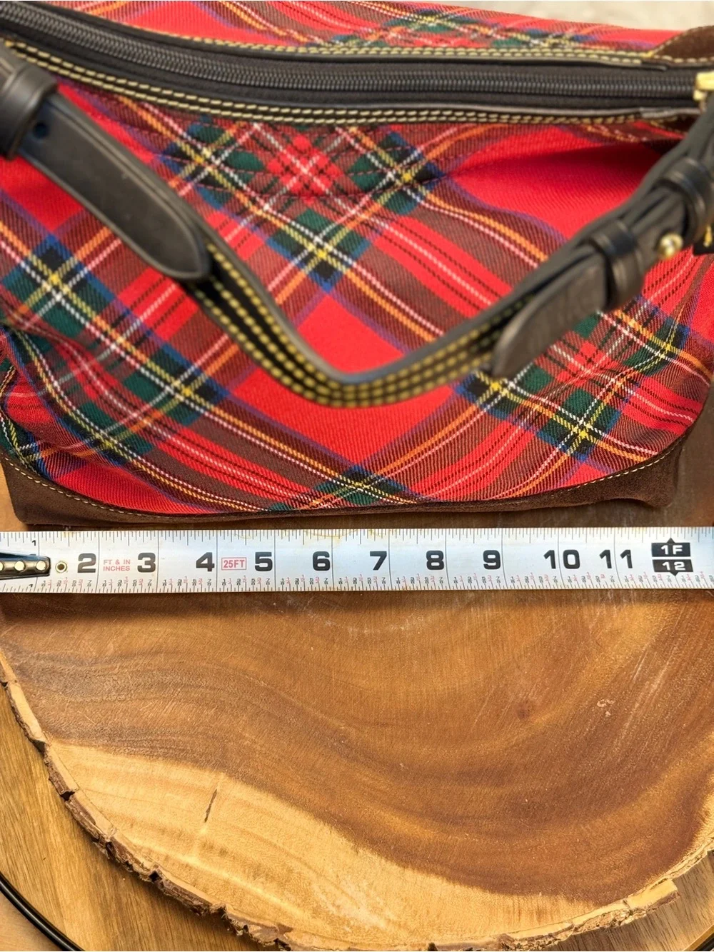 Dooney & Bourke Red Tartan Plaid Hobo Shoulder Bag Dark Brown Suede Trim EUC